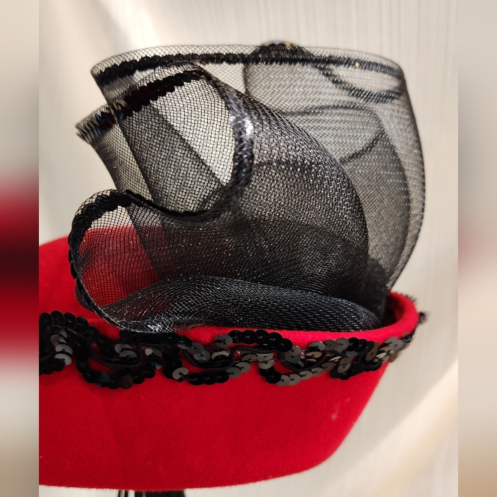 Red Felted Wool Hat with Black Sequin Trim and Black Netting - Picture 2 of 7
